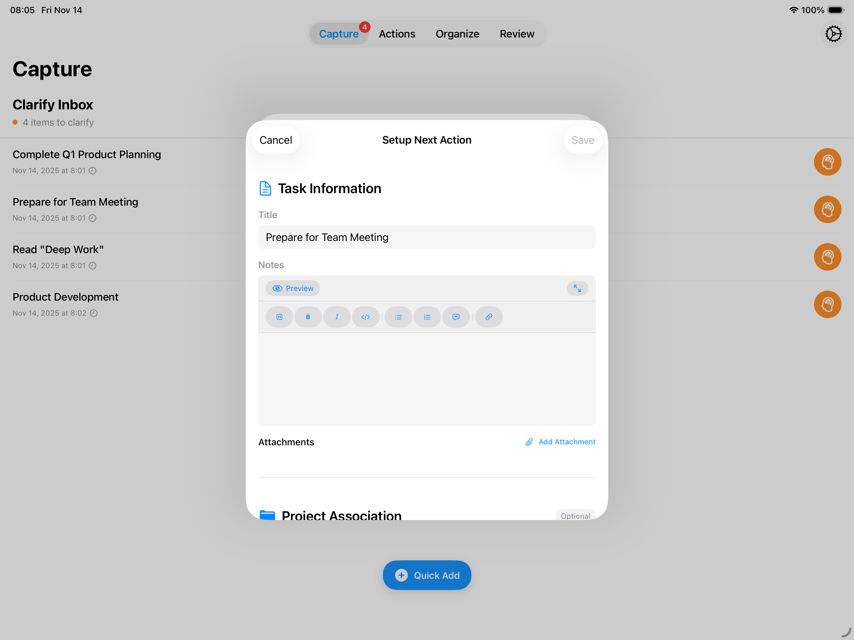 iPad Next Action with Markdown Editor